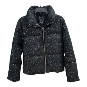 NWT Donna Karan Black Sequin Puffer Jacket With Gold Zipper Sz M
